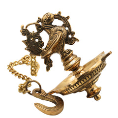 Brass Hamsa Hanging Lamp, Annapakshi Swan Diya, Vilakku Deepam, Panchmukhi Temple Pendant, Kerala Style Pooja Lantern for Mandir Décor, Gold, 21.5 Inch, 1 Piece