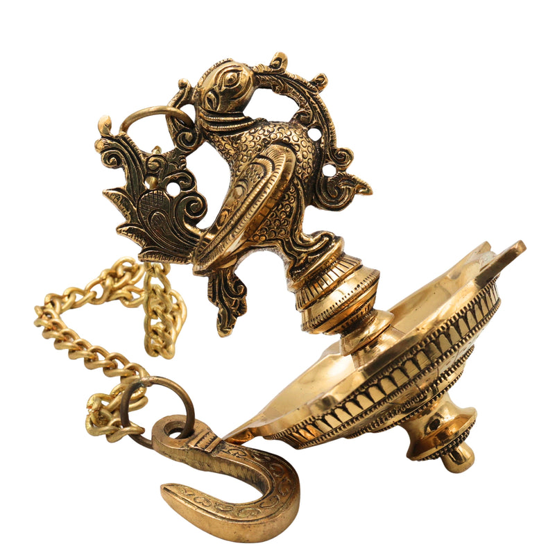 Brass Hamsa Hanging Lamp, Annapakshi Swan Diya, Vilakku Deepam, Panchmukhi Temple Pendant, Kerala Style Pooja Lantern for Mandir Décor, Gold, 21.5 Inch, 1 Piece