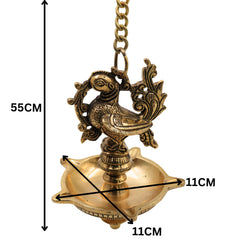 Brass Hamsa Hanging Lamp, Annapakshi Swan Diya, Vilakku Deepam, Panchmukhi Temple Pendant, Kerala Style Pooja Lantern for Mandir Décor, Gold, 21.5 Inch, 1 Piece