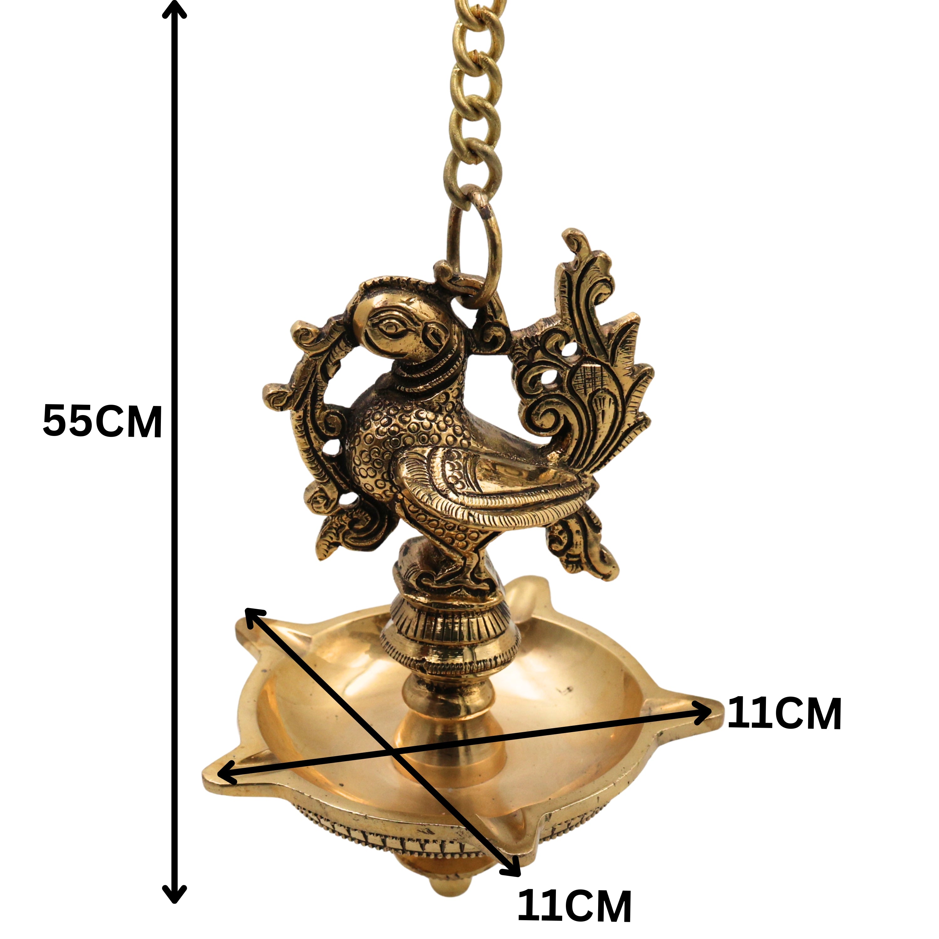Brass Hamsa Hanging Lamp, Annapakshi Swan Diya, Vilakku Deepam, Panchmukhi Temple Pendant, Kerala Style Pooja Lantern for Mandir Décor, Gold, 21.5 Inch, 1 Piece