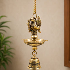 Brass Hanging Lamp with Bell, Peetal Ghanti Hanging Diya, Temple Hanging Deepam Vilakku, Traditional Mandir Pooja Lamp, Kerala Nilavilakku Kuthu Vilakku Style Hanging Brass Lamp for Home Decor & Gifts, Gold, 23 Inch, 1 Piece