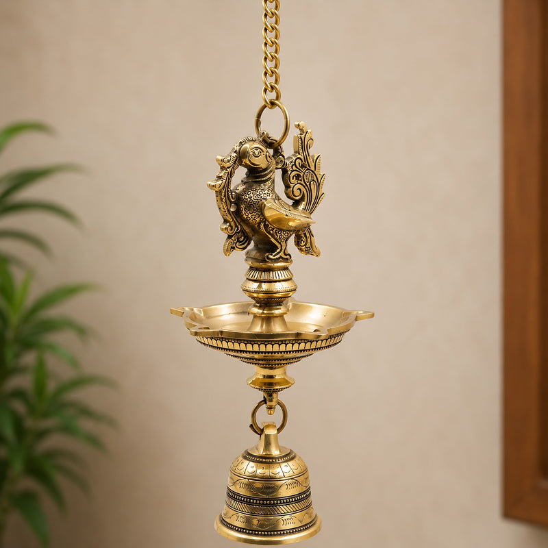 Brass Hanging Lamp with Bell, Peetal Ghanti Hanging Diya, Temple Hanging Deepam Vilakku, Traditional Mandir Pooja Lamp, Kerala Nilavilakku Kuthu Vilakku Style Hanging Brass Lamp for Home Decor & Gifts, Gold, 23 Inch, 1 Piece