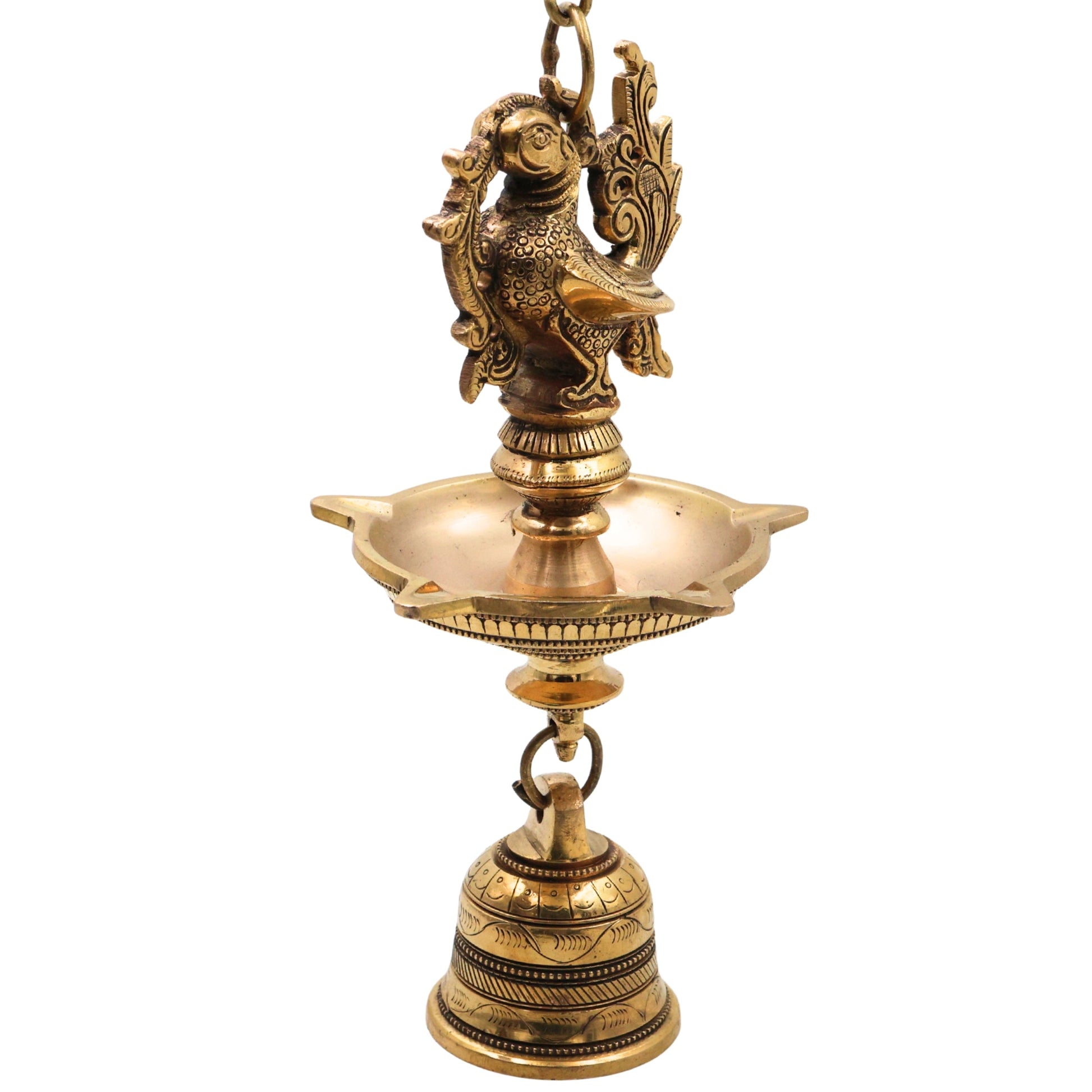 Brass Hanging Lamp with Bell, Peetal Ghanti Hanging Diya, Temple Hanging Deepam Vilakku, Traditional Mandir Pooja Lamp, Kerala Nilavilakku Kuthu Vilakku Style Hanging Brass Lamp for Home Decor & Gifts, Gold, 23 Inch, 1 Piece