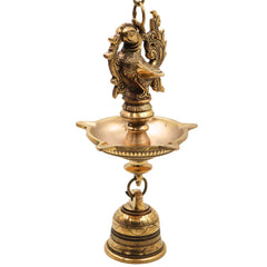 Brass Hanging Lamp with Bell, Peetal Ghanti Hanging Diya, Temple Hanging Deepam Vilakku, Traditional Mandir Pooja Lamp, Kerala Nilavilakku Kuthu Vilakku Style Hanging Brass Lamp for Home Decor & Gifts, Gold, 23 Inch, 1 Piece