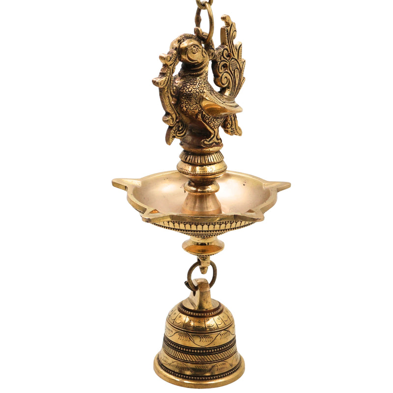 Brass Hanging Lamp with Bell, Peetal Ghanti Hanging Diya, Temple Hanging Deepam Vilakku, Traditional Mandir Pooja Lamp, Kerala Nilavilakku Kuthu Vilakku Style Hanging Brass Lamp for Home Decor & Gifts, Gold, 23 Inch, 1 Piece