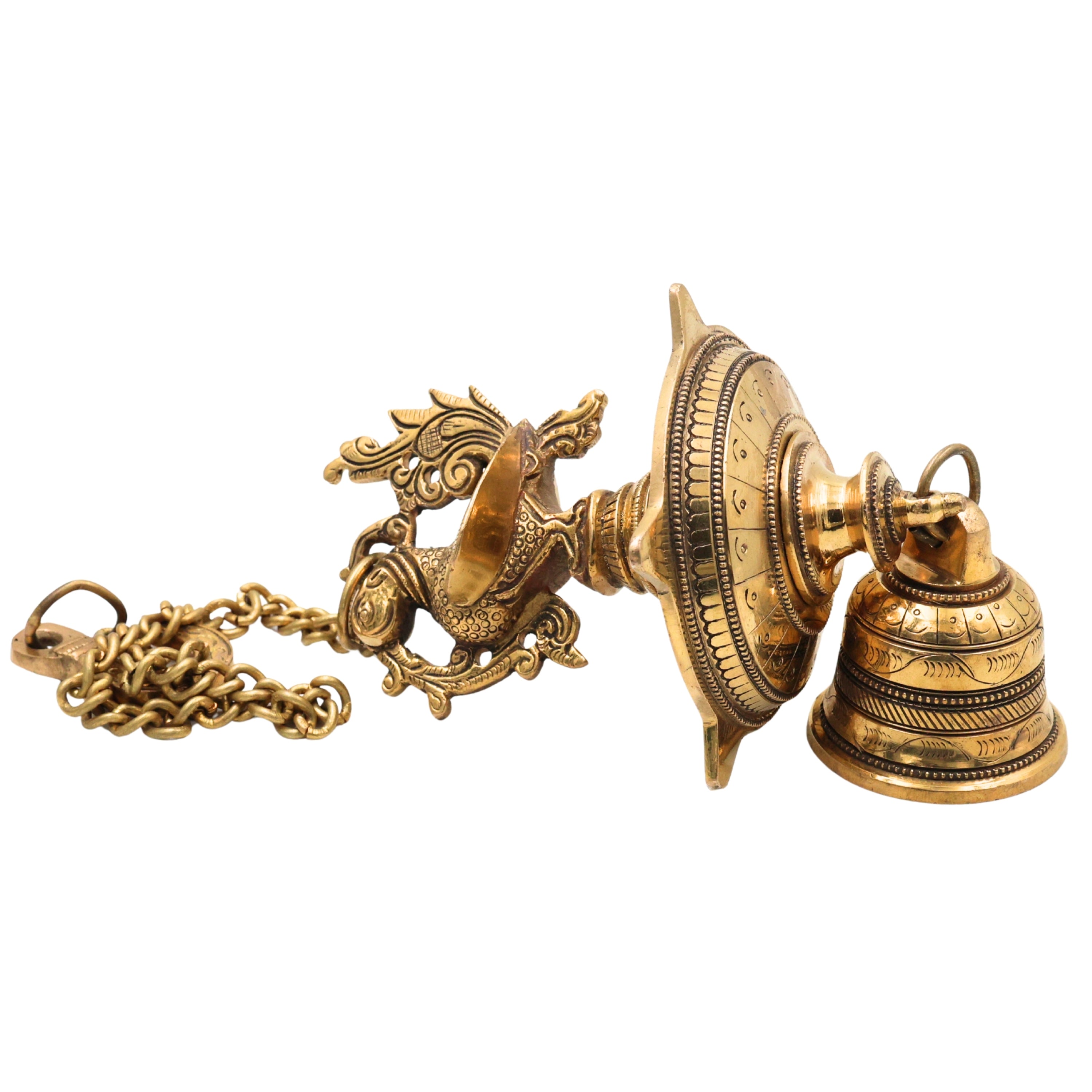 Brass Hanging Lamp with Bell, Peetal Ghanti Hanging Diya, Temple Hanging Deepam Vilakku, Traditional Mandir Pooja Lamp, Kerala Nilavilakku Kuthu Vilakku Style Hanging Brass Lamp for Home Decor & Gifts, Gold, 23 Inch, 1 Piece