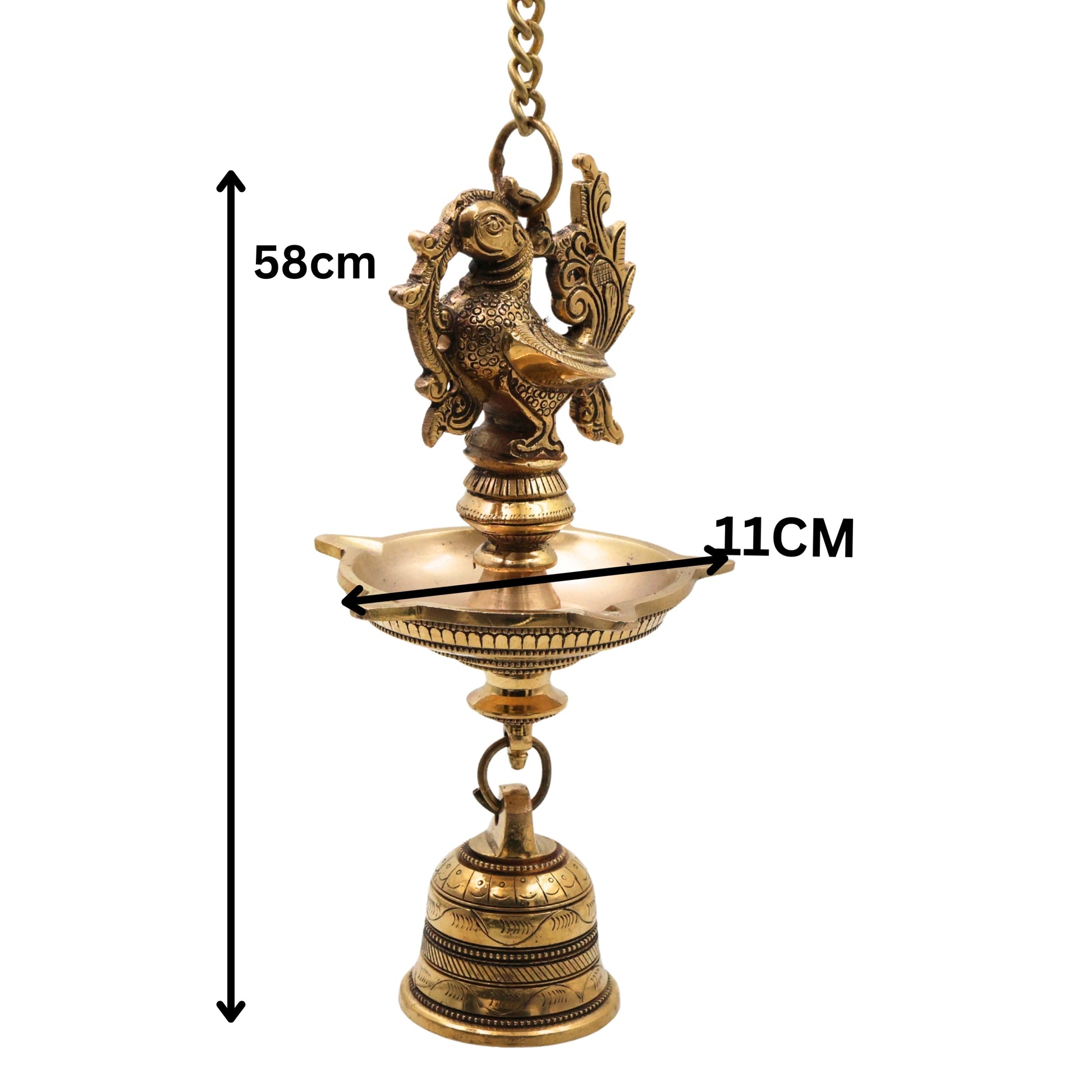 Brass Hanging Lamp with Bell, Peetal Ghanti Hanging Diya, Temple Hanging Deepam Vilakku, Traditional Mandir Pooja Lamp, Kerala Nilavilakku Kuthu Vilakku Style Hanging Brass Lamp for Home Decor & Gifts, Gold, 23 Inch, 1 Piece