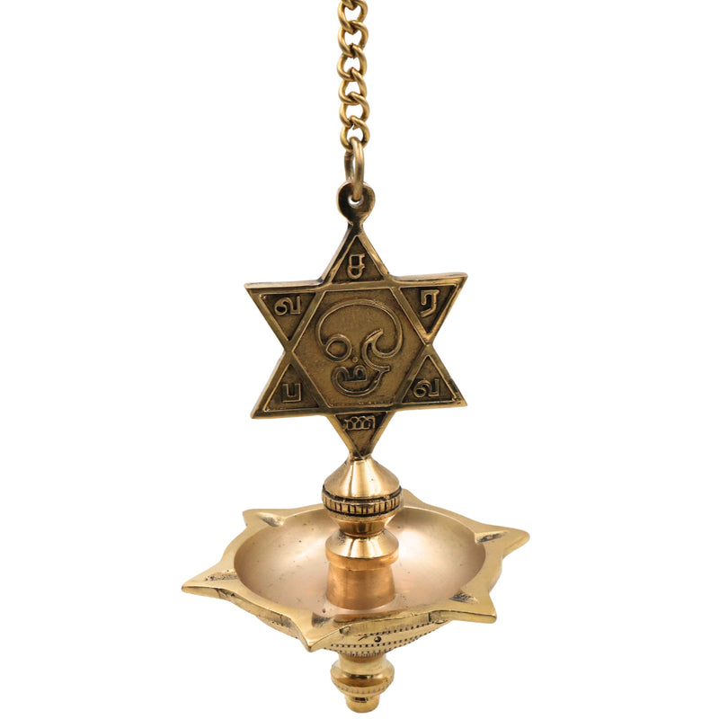 Brass Hanging Lamp with Star, Thooku Vilakku Hanging Diya, Temple Chain Deepam, Traditional Pooja Hanging Deepak, Kerala Style Nilavilakku Vilakku, Mandir Devghar Oil Lamp Decor for Home Temple Diwali Aarti Pooja, Gold, 22 Inch (Including Chain), 1 Piece
