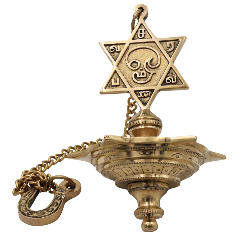Brass Hanging Lamp with Star, Thooku Vilakku Hanging Diya, Temple Chain Deepam, Traditional Pooja Hanging Deepak, Kerala Style Nilavilakku Vilakku, Mandir Devghar Oil Lamp Decor for Home Temple Diwali Aarti Pooja, Gold, 22 Inch (Including Chain), 1 Piece