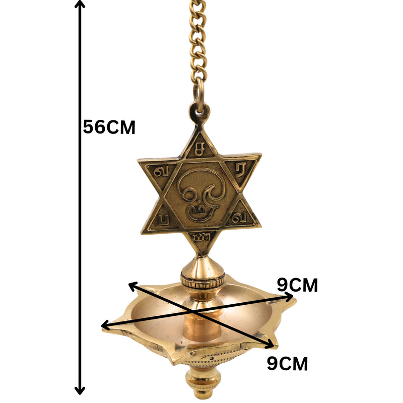 Brass Hanging Lamp with Star, Thooku Vilakku Hanging Diya, Temple Chain Deepam, Traditional Pooja Hanging Deepak, Kerala Style Nilavilakku Vilakku, Mandir Devghar Oil Lamp Decor for Home Temple Diwali Aarti Pooja, Gold, 22 Inch (Including Chain), 1 Piece