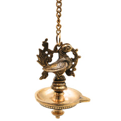 Brass Hanging Lamp for Pooja, Traditional Thooku Vilakku Hanging Deepam, Kerala Nilavilakku Style, Peetal Pital Pittal Oil Lamp for Home Mandir Decor, Gold, 20.5 Inch (Including Chain), 1 Piece