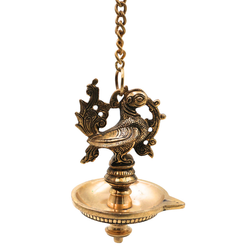 Brass Hanging Lamp for Pooja, Traditional Thooku Vilakku Hanging Deepam, Kerala Nilavilakku Style, Peetal Pital Pittal Oil Lamp for Home Mandir Decor, Gold, 20.5 Inch (Including Chain), 1 Piece