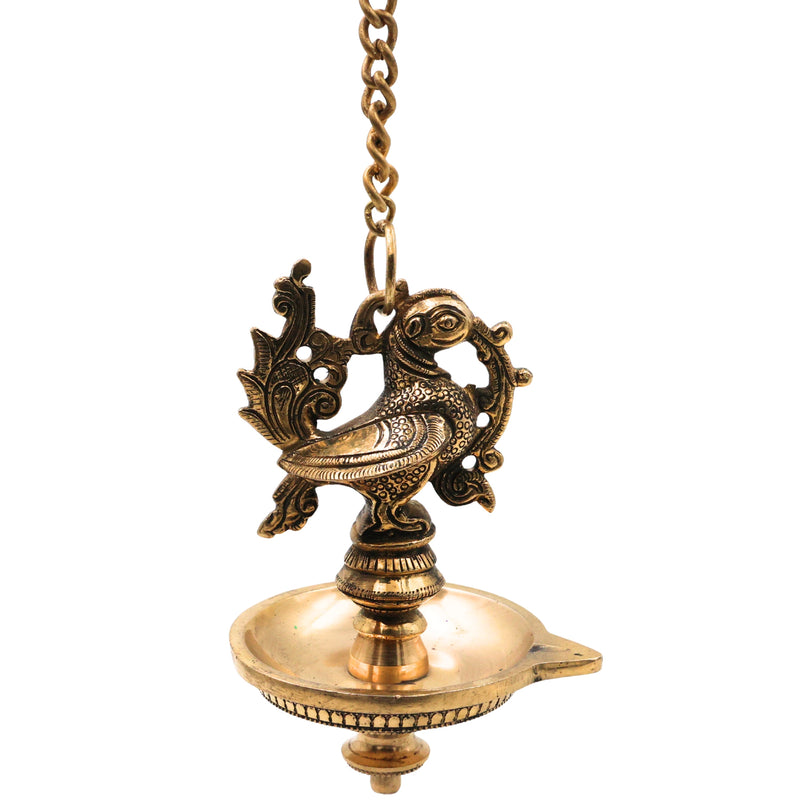 Brass Hanging Lamp for Pooja, Traditional Thooku Vilakku Hanging Deepam, Kerala Nilavilakku Style, Peetal Pital Pittal Oil Lamp for Home Mandir Decor, Gold, 20.5 Inch (Including Chain), 1 Piece