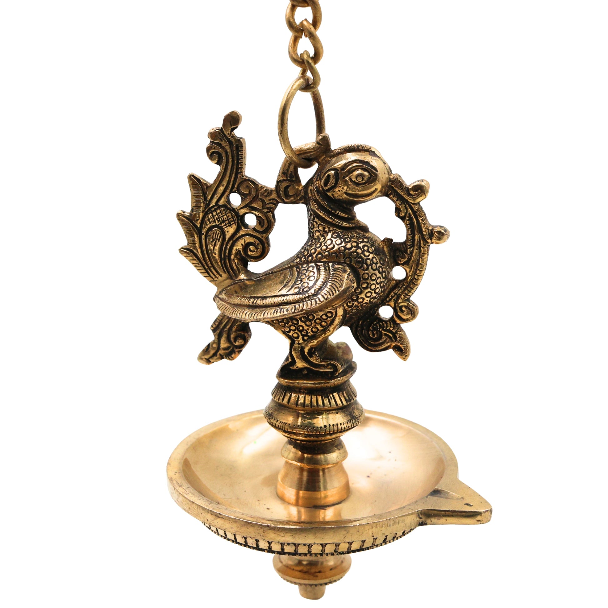 Brass Hanging Lamp for Pooja, Traditional Thooku Vilakku Hanging Deepam, Kerala Nilavilakku Style, Peetal Pital Pittal Oil Lamp for Home Mandir Decor, Gold, 20.5 Inch (Including Chain), 1 Piece