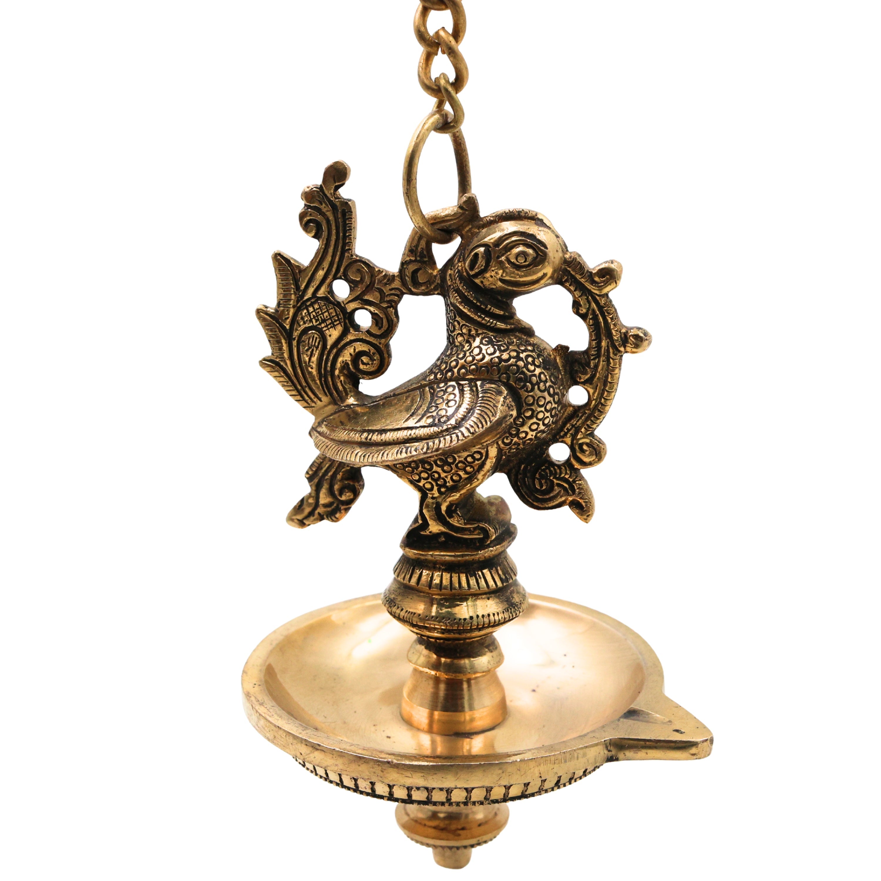 Brass Hanging Lamp for Pooja, Traditional Thooku Vilakku Hanging Deepam, Kerala Nilavilakku Style, Peetal Pital Pittal Oil Lamp for Home Mandir Decor, Gold, 20.5 Inch (Including Chain), 1 Piece