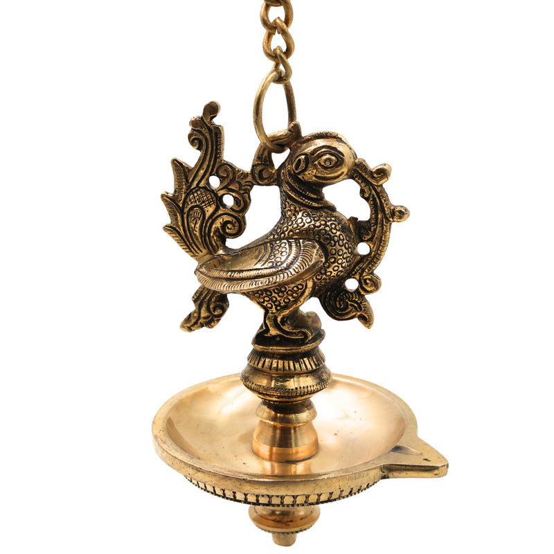 Brass Hanging Lamp for Pooja, Traditional Thooku Vilakku Hanging Deepam, Kerala Nilavilakku Style, Peetal Pital Pittal Oil Lamp for Home Mandir Decor, Gold, 20.5 Inch (Including Chain), 1 Piece