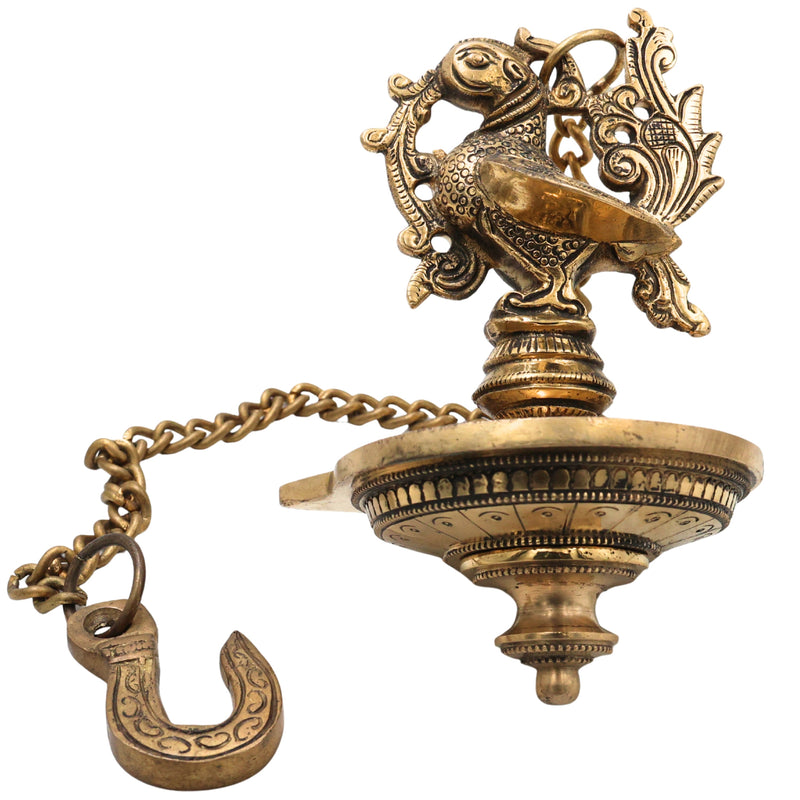 Brass Hanging Lamp for Pooja, Traditional Thooku Vilakku Hanging Deepam, Kerala Nilavilakku Style, Peetal Pital Pittal Oil Lamp for Home Mandir Decor, Gold, 20.5 Inch (Including Chain), 1 Piece