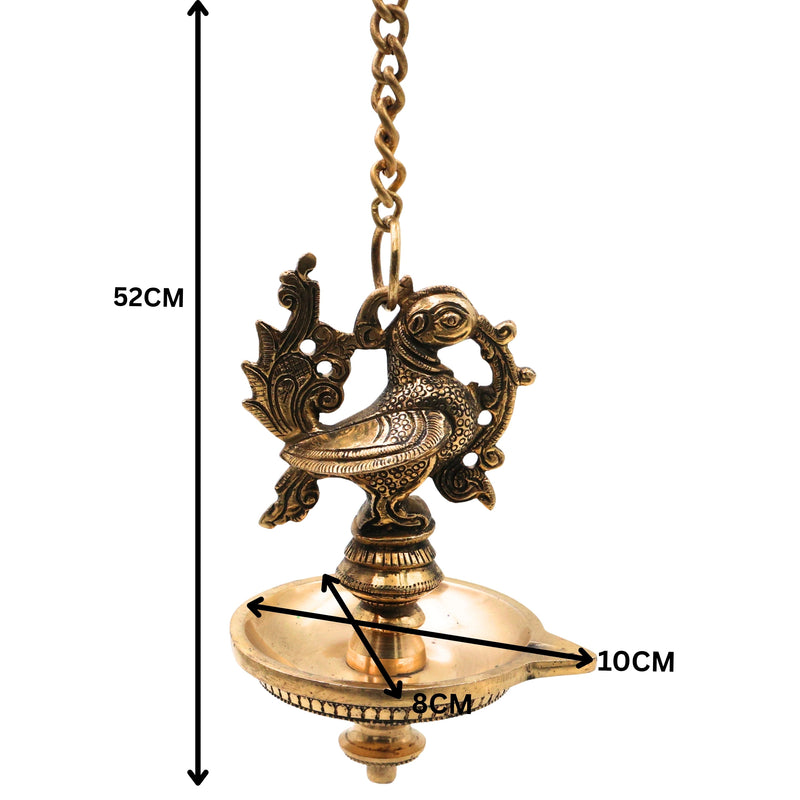 Brass Hanging Lamp for Pooja, Traditional Thooku Vilakku Hanging Deepam, Kerala Nilavilakku Style, Peetal Pital Pittal Oil Lamp for Home Mandir Decor, Gold, 20.5 Inch (Including Chain), 1 Piece