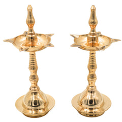 Traditional Brass Pooja Lamp Kuthu Vilakku Nilavilakku Samai Deepam Diya South Indian Temple Oil Lamp Deepalakshmi Kamakshi Kubera Jyoti Brass Aarti Lamp for Home Mandir Pooja Decor, Gold, 10 Inch, 2 Piece