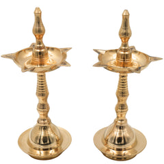 Traditional Brass Pooja Lamp Kuthu Vilakku Nilavilakku Samai Deepam Diya South Indian Temple Oil Lamp Deepalakshmi Kamakshi Kubera Jyoti Brass Aarti Lamp for Home Mandir Pooja Decor, Gold, 10 Inch, 2 Piece