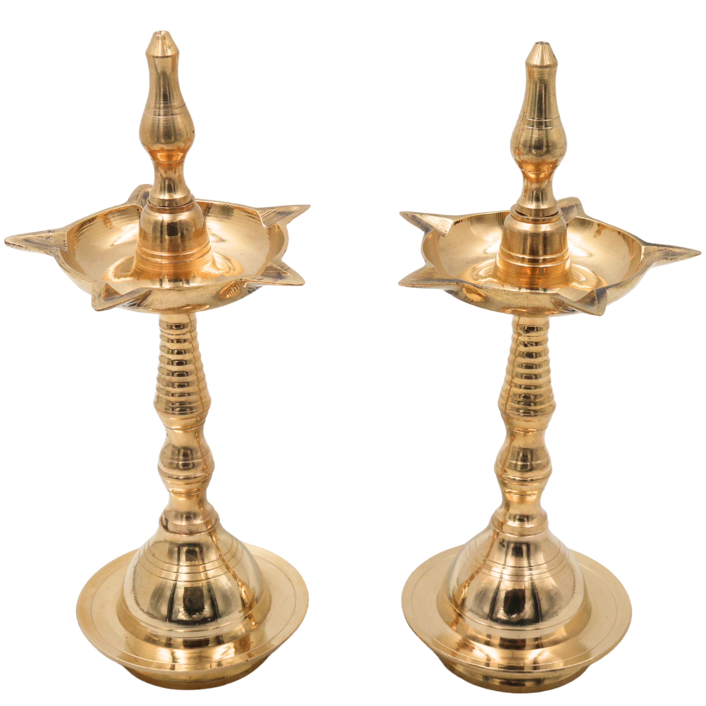 Traditional Brass Pooja Lamp Kuthu Vilakku Nilavilakku Samai Deepam Diya South Indian Temple Oil Lamp Deepalakshmi Kamakshi Kubera Jyoti Brass Aarti Lamp for Home Mandir Pooja Decor, Gold, 10 Inch, 2 Piece