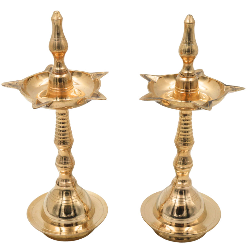Traditional Brass Pooja Lamp Kuthu Vilakku Nilavilakku Samai Deepam Diya South Indian Temple Oil Lamp Deepalakshmi Kamakshi Kubera Jyoti Brass Aarti Lamp for Home Mandir Pooja Decor, Gold, 10 Inch, 2 Piece