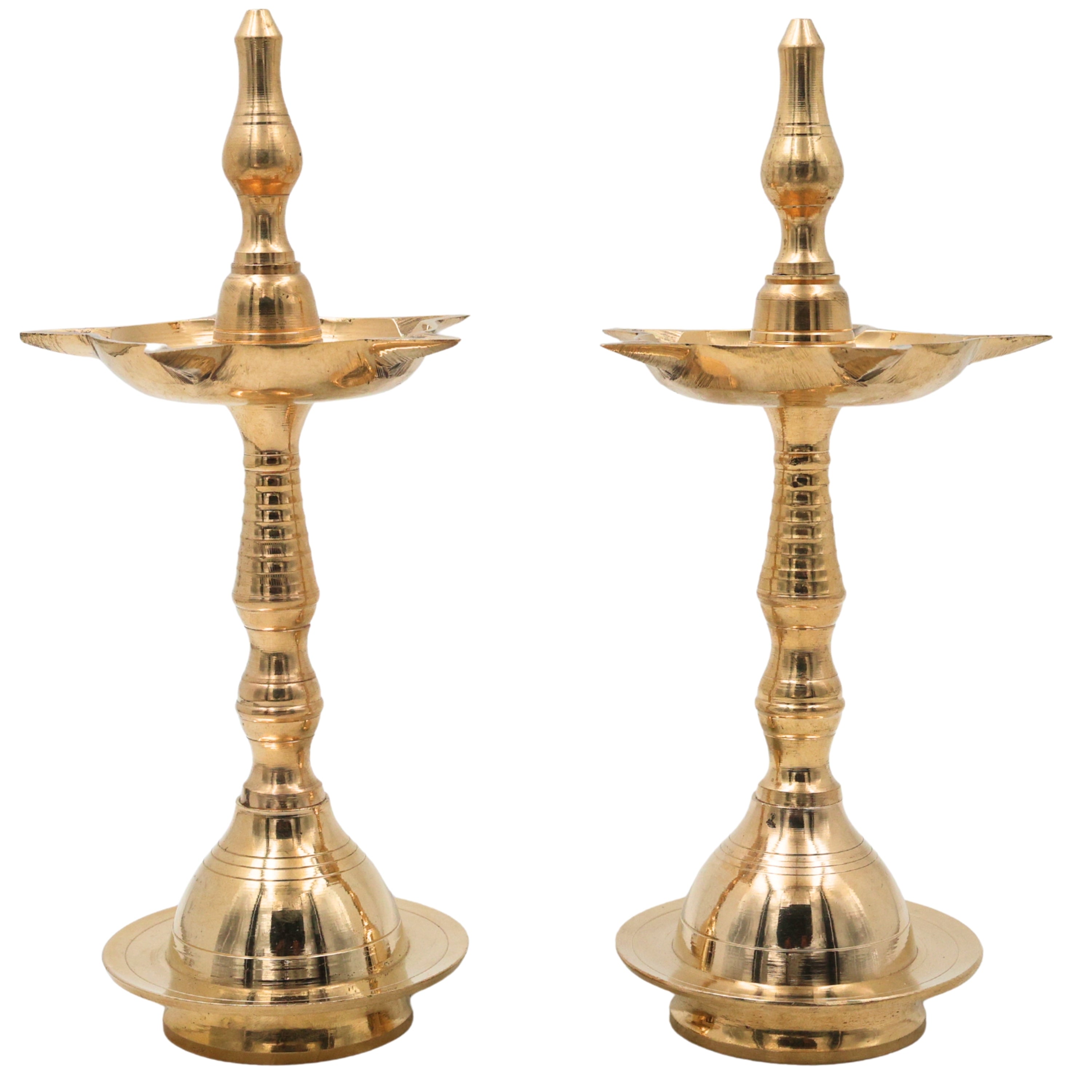 Traditional Brass Pooja Lamp Kuthu Vilakku Nilavilakku Samai Deepam Diya South Indian Temple Oil Lamp Deepalakshmi Kamakshi Kubera Jyoti Brass Aarti Lamp for Home Mandir Pooja Decor, Gold, 10 Inch, 2 Piece