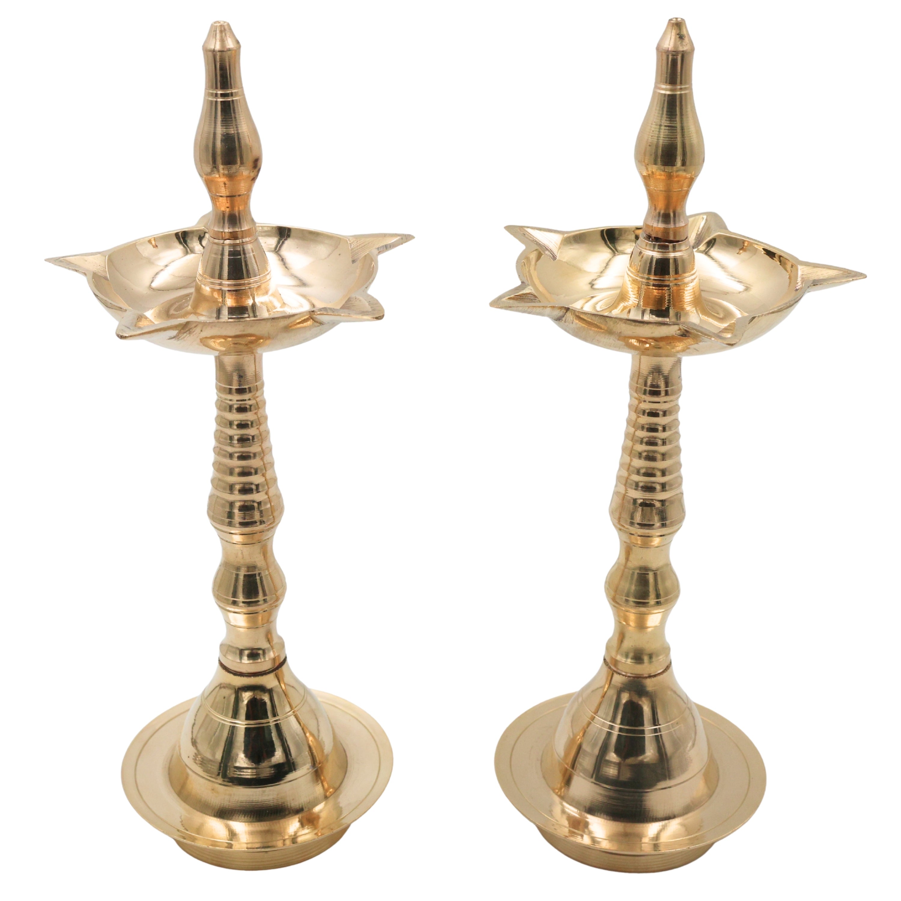 Brass Deepa Lakshmi Pooja Lamp, Traditional Kuthu Vilakku, Nilavilakku, Samai Diya, Lakshmi Deepam, Kamakshi Deepalakshmi Brass Temple Lamp for Home Mandir Aarti Spiritual Decor, Gold, 14 Inch, 2 Piece