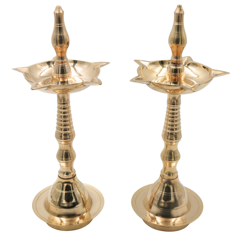 Brass Deepa Lakshmi Pooja Lamp, Traditional Kuthu Vilakku, Nilavilakku, Samai Diya, Lakshmi Deepam, Kamakshi Deepalakshmi Brass Temple Lamp for Home Mandir Aarti Spiritual Decor, Gold, 14 Inch, 2 Piece