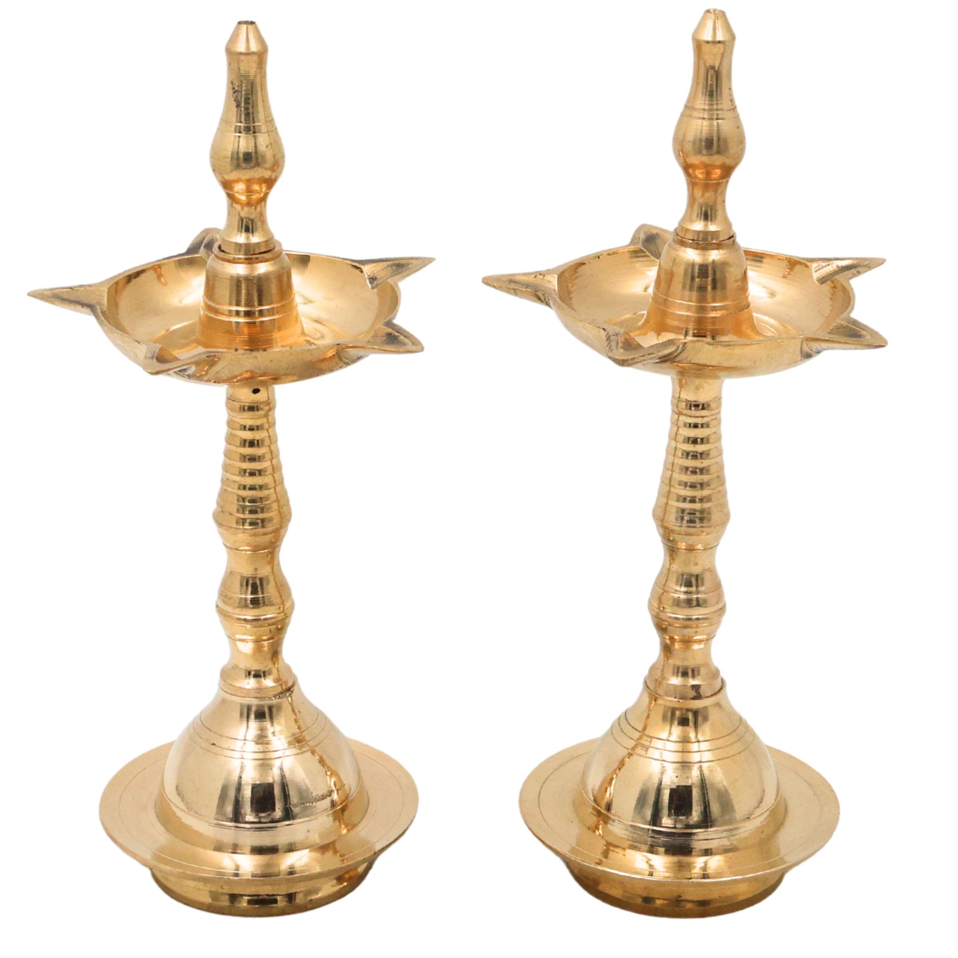 Brass Pooja Lamp Diya Deepam, Traditional Kuthu Vilakku Vilakku Samai Nilavilakku Deepa Lakshmi Kamakshi Kubera Jyoti Oil Lamp for Home Temple Mandir Aarti Spiritual Decor, Gold, 8 Inch, 2 Piece