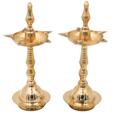 Brass Pooja Lamp Diya Deepam, Traditional Kuthu Vilakku Vilakku Samai Nilavilakku Deepa Lakshmi Kamakshi Kubera Jyoti Oil Lamp for Home Temple Mandir Aarti Spiritual Decor, Gold, 8 Inch, 2 Piece