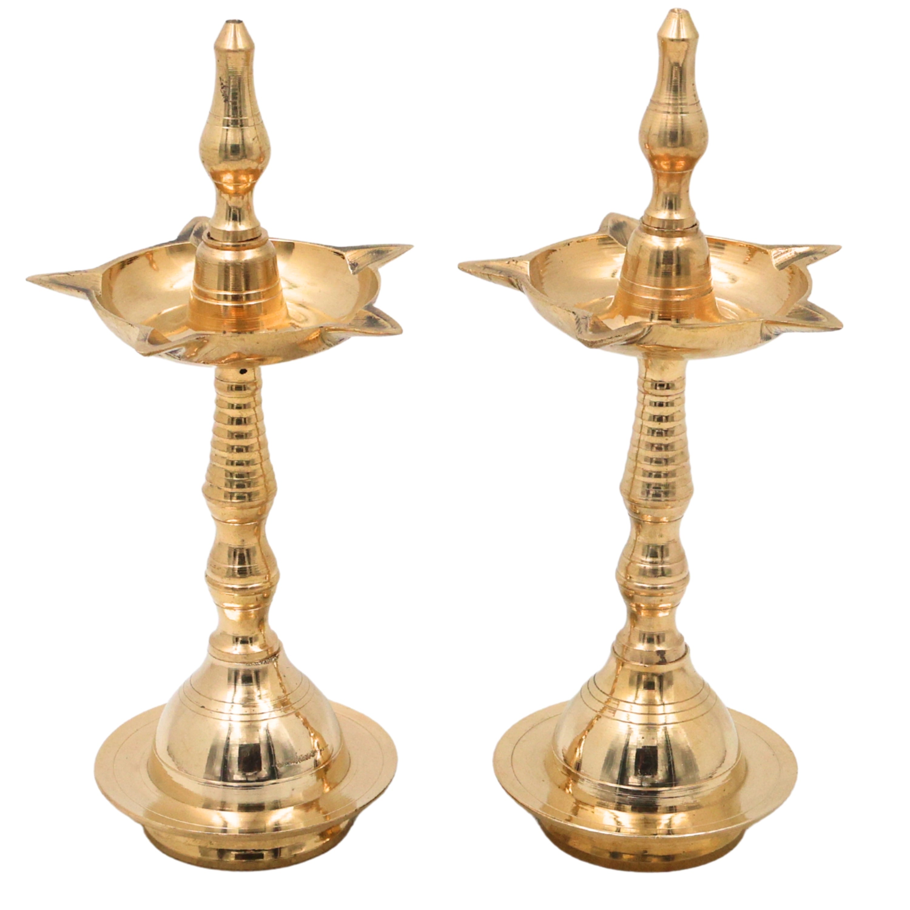 Brass Pooja Lamp Diya Deepam, Traditional Kuthu Vilakku Vilakku Samai Nilavilakku Deepa Lakshmi Kamakshi Kubera Jyoti Oil Lamp for Home Temple Mandir Aarti Spiritual Decor, Gold, 8 Inch, 2 Piece