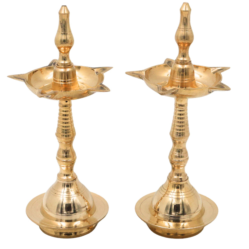 Brass Pooja Lamp Diya Deepam, Traditional Kuthu Vilakku Vilakku Samai Nilavilakku Deepa Lakshmi Kamakshi Kubera Jyoti Oil Lamp for Home Temple Mandir Aarti Spiritual Decor, Gold, 8 Inch, 2 Piece