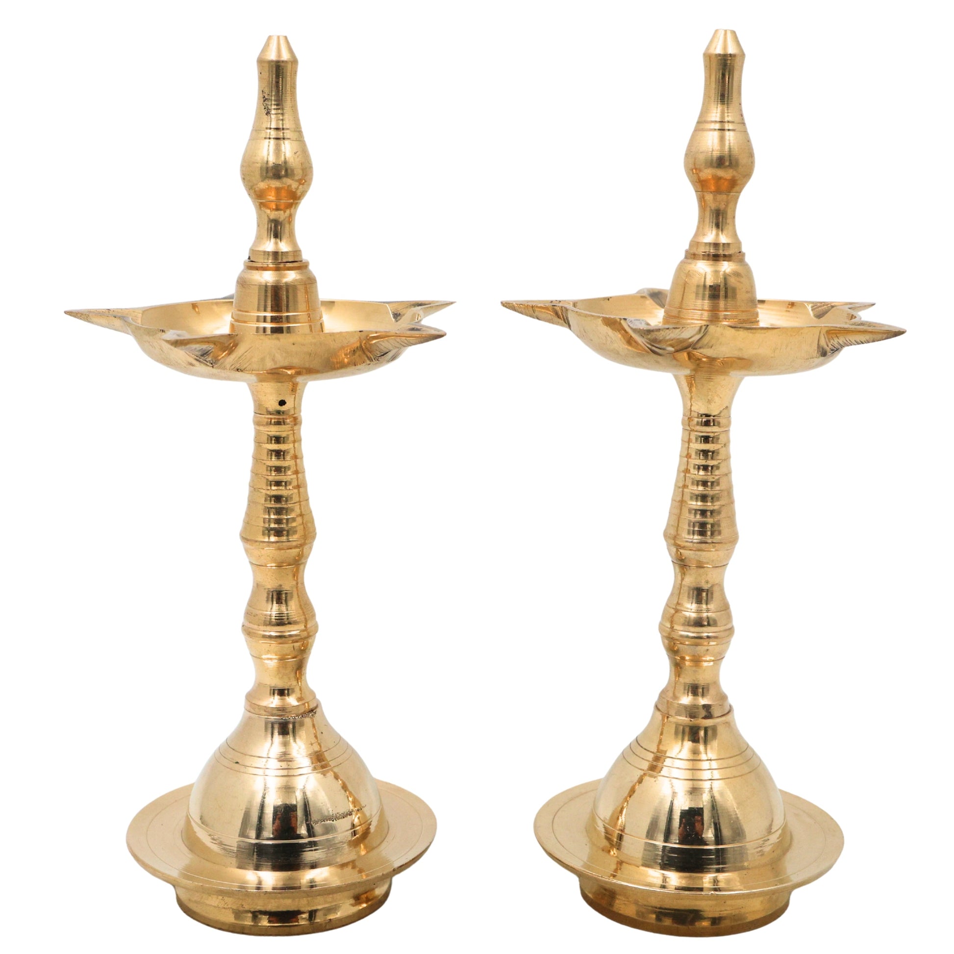Brass Pooja Lamp Diya Deepam, Traditional Kuthu Vilakku Vilakku Samai Nilavilakku Deepa Lakshmi Kamakshi Kubera Jyoti Oil Lamp for Home Temple Mandir Aarti Spiritual Decor, Gold, 8 Inch, 2 Piece