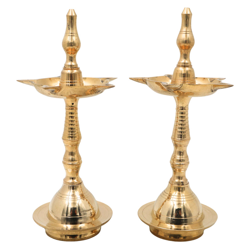 Brass Pooja Lamp Diya Deepam, Traditional Kuthu Vilakku Vilakku Samai Nilavilakku Deepa Lakshmi Kamakshi Kubera Jyoti Oil Lamp for Home Temple Mandir Aarti Spiritual Decor, Gold, 8 Inch, 2 Piece