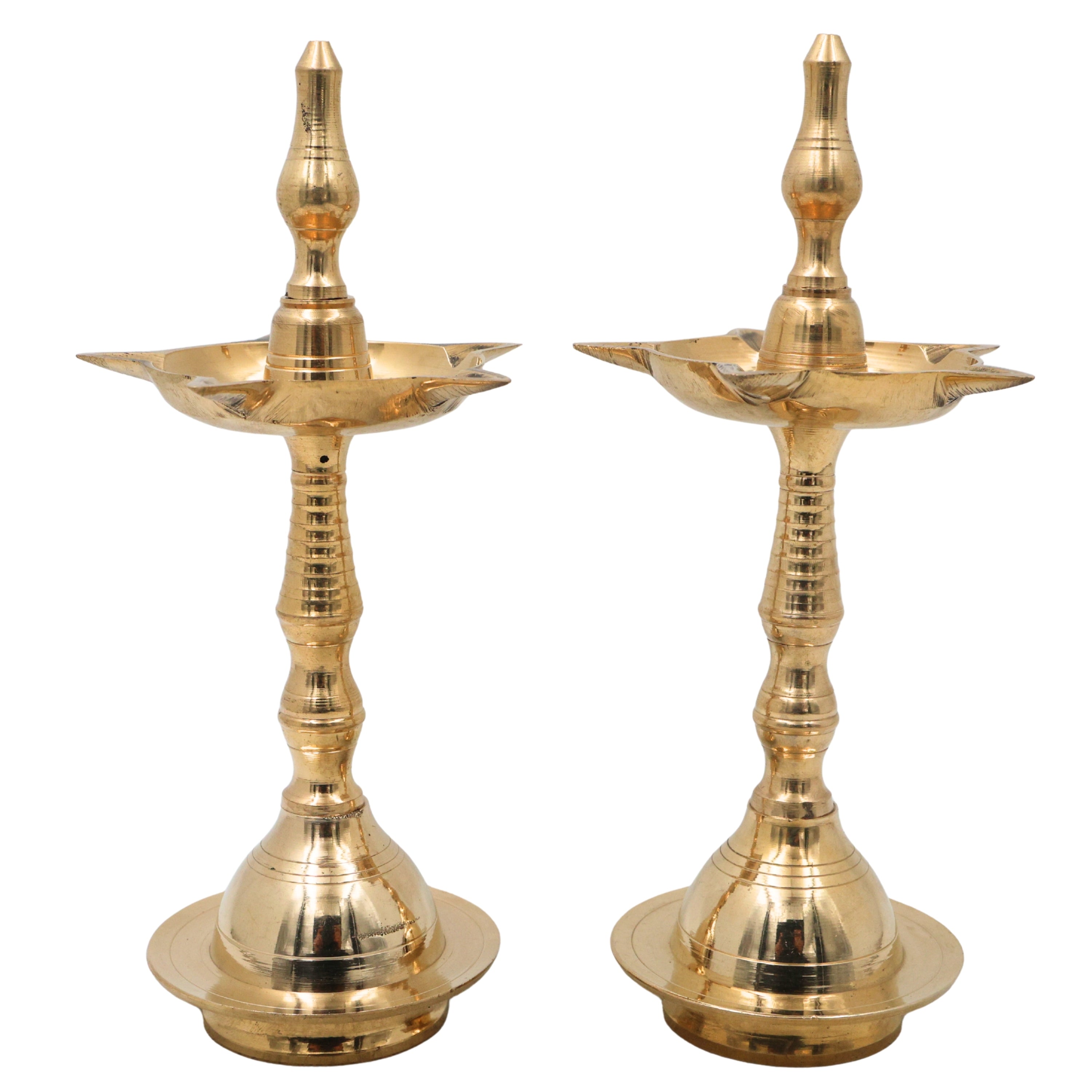 Brass Pooja Lamp Diya Deepam, Traditional Kuthu Vilakku Vilakku Samai Nilavilakku Deepa Lakshmi Kamakshi Kubera Jyoti Oil Lamp for Home Temple Mandir Aarti Spiritual Decor, Gold, 8 Inch, 2 Piece