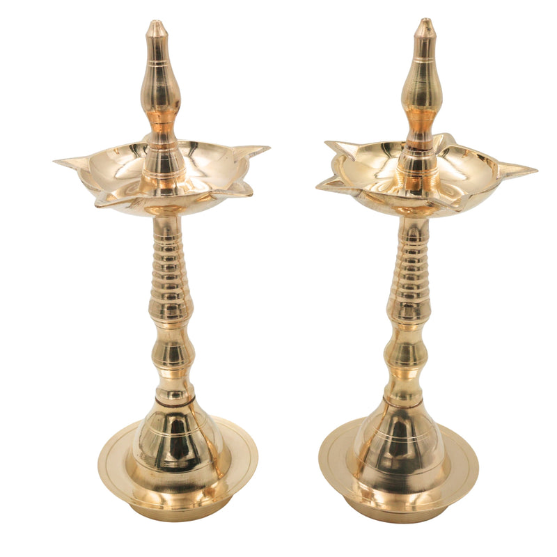 Traditional Brass Pooja Lamp Diya Deepam Kuthu Vilakku Nilavilakku Deepalakshmi Kamakshi Kubera Deepam Aarti Oil Lamp for Home Temple Mandir Spiritual Decor Diwali Festival Lighting, Gold, 12.5 Inch, 2 Piece