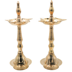Traditional Brass Pooja Lamp Diya Deepam Kuthu Vilakku Nilavilakku Deepalakshmi Kamakshi Kubera Deepam Aarti Oil Lamp for Home Temple Mandir Spiritual Decor Diwali Festival Lighting, Gold, 12.5 Inch, 2 Piece