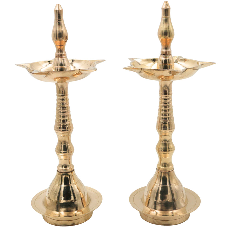 Traditional Brass Pooja Lamp Diya Deepam Kuthu Vilakku Nilavilakku Deepalakshmi Kamakshi Kubera Deepam Aarti Oil Lamp for Home Temple Mandir Spiritual Decor Diwali Festival Lighting, Gold, 12.5 Inch, 2 Piece