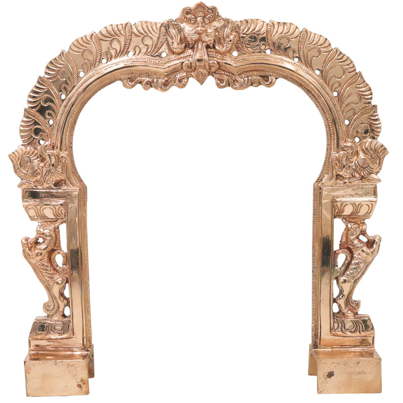 Bronze Prabhavali Arch Makara Torana Kirtimukha Prabha Mandala Vigraha Murti Back Frame Temple Mandir Puja Decor Panchaloha Style Kavacha Arch Frame 34 cm, Gold, 13.5 Inch, 1 Piece