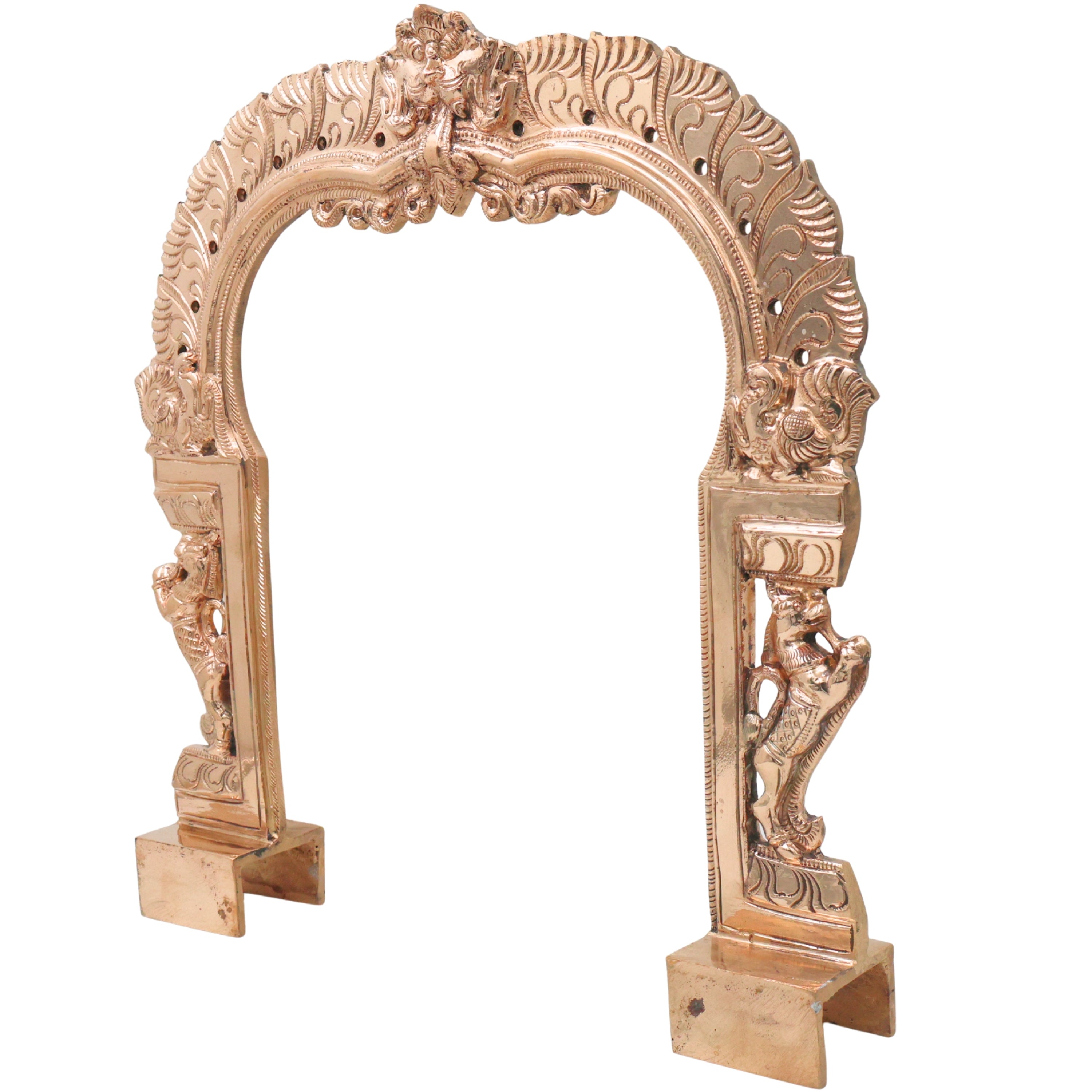 Bronze Prabhavali Arch Makara Torana Kirtimukha Prabha Mandala Vigraha Murti Back Frame Temple Mandir Puja Decor Panchaloha Style Kavacha Arch Frame 34 cm, Gold, 13.5 Inch, 1 Piece