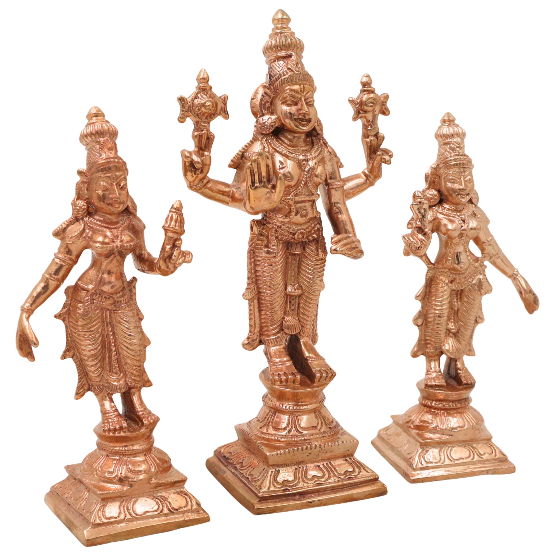 Bronze Lakshmi Narayana Vishnu With Sri Devi and Bhu Devi Idol Set Venkateswara Balaji Perumal Ranganatha Murti for Puja Mandir Home Decor Gift, Gold, 6 Inch, 1 Piece