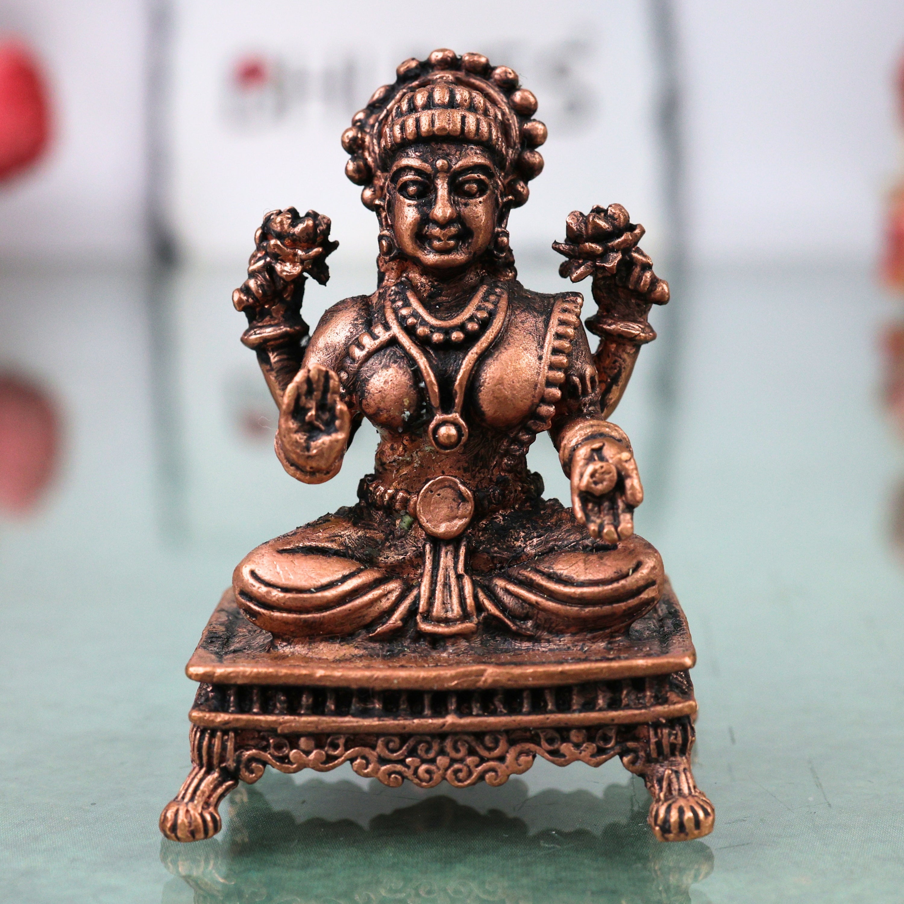 Copper Mahalakshmi Murti Lakshmi Devi Vigraha Tamra Laxmi Idol Pooja Mandir Statue Aishwarya Dhanalakshmi Gajalakshmi Narayani Decor Gift, Brown, 2.5 Inch, 1 Piece