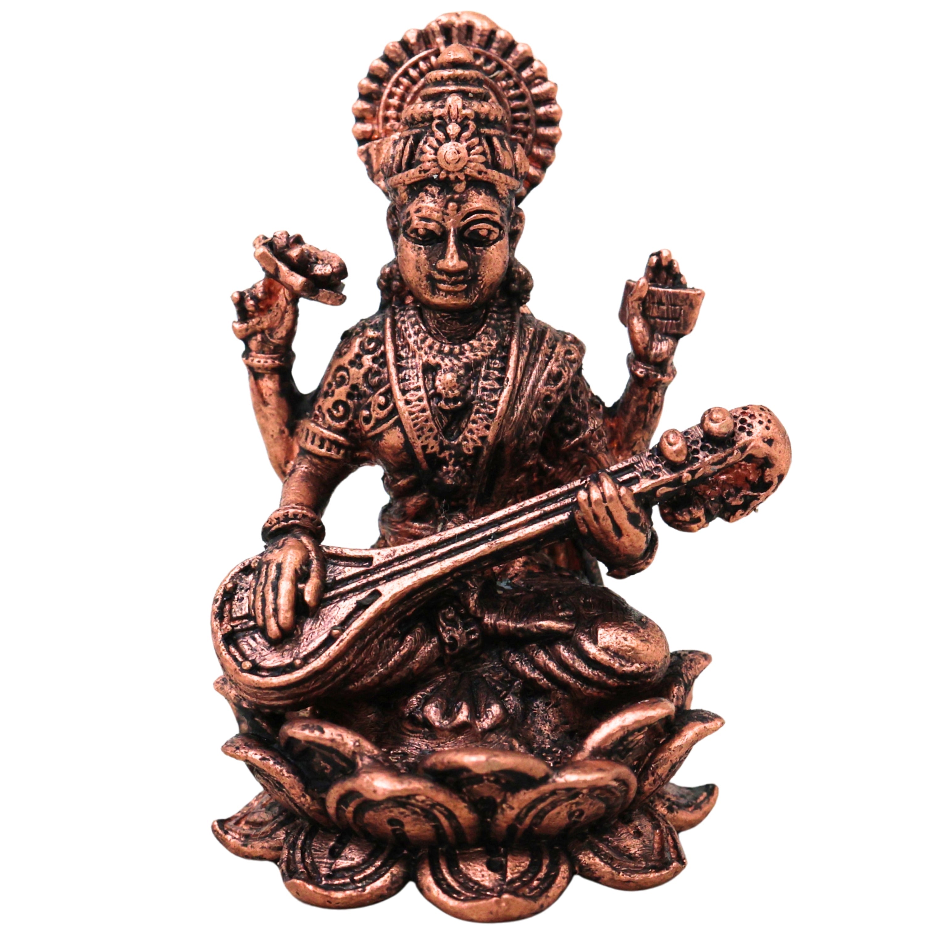 Copper Saraswati Idol Veenavadini Vagdevi Sharada Bharati Vidya Devi Murti for Pooja Mandir Home Decor Gift Tamra Vigraha Statue, Brown, 2.5 Inch, 1 Piece