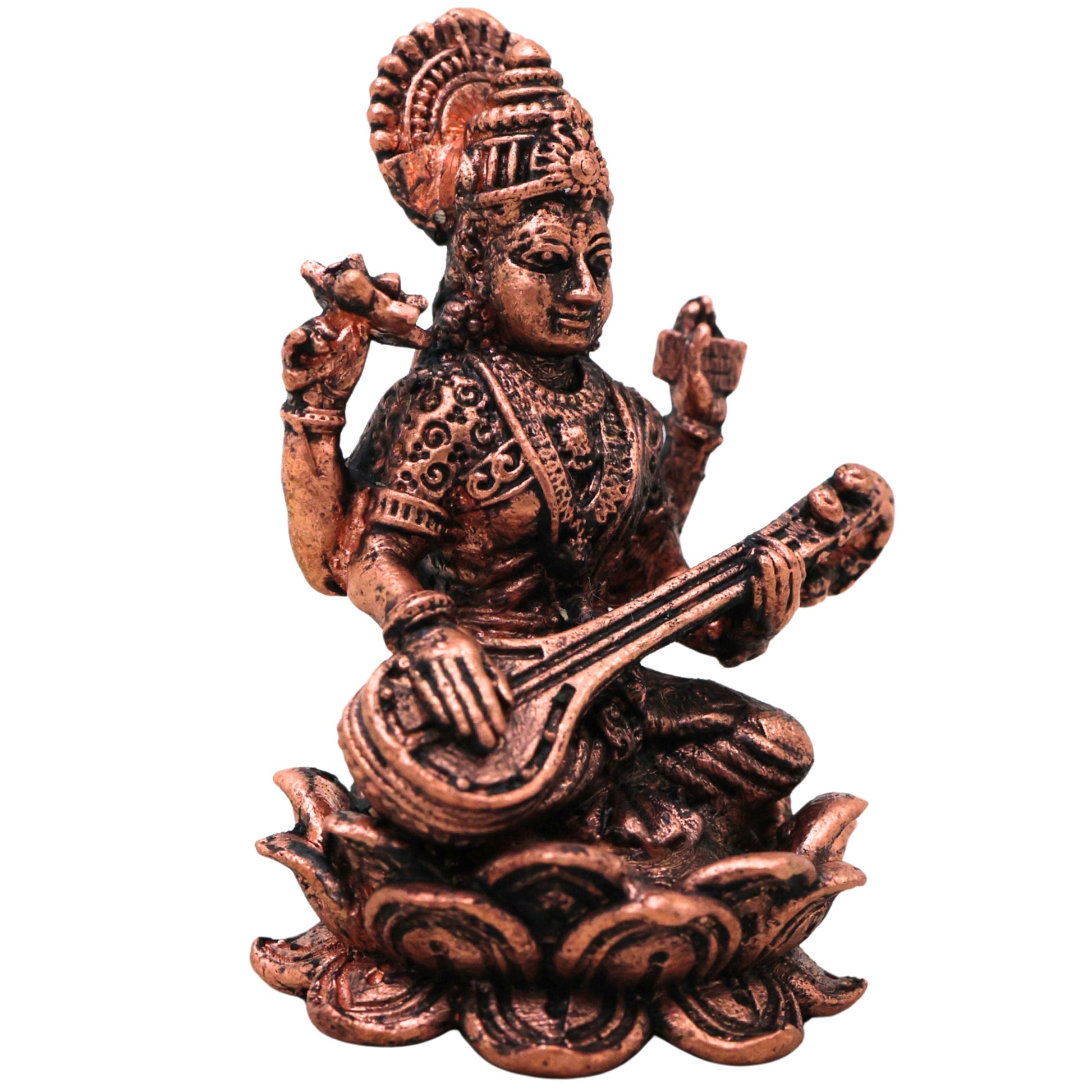 Copper Saraswati Idol Veenavadini Vagdevi Sharada Bharati Vidya Devi Murti for Pooja Mandir Home Decor Gift Tamra Vigraha Statue, Brown, 2.5 Inch, 1 Piece