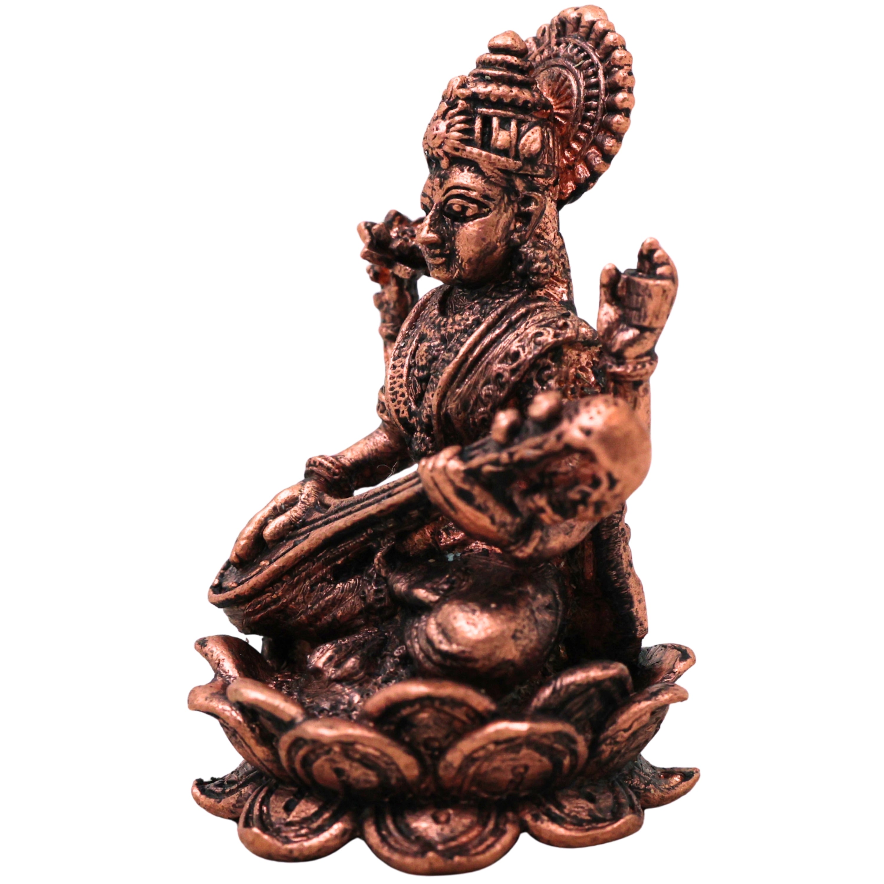 Copper Saraswati Idol Veenavadini Vagdevi Sharada Bharati Vidya Devi Murti for Pooja Mandir Home Decor Gift Tamra Vigraha Statue, Brown, 2.5 Inch, 1 Piece