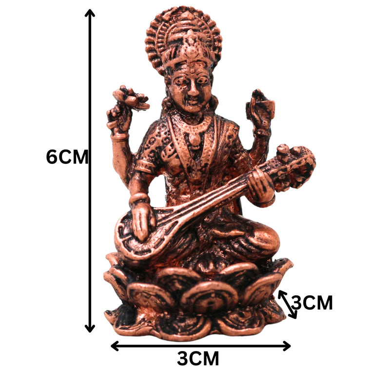 Copper Saraswati Idol Veenavadini Vagdevi Sharada Bharati Vidya Devi Murti for Pooja Mandir Home Decor Gift Tamra Vigraha Statue, Brown, 2.5 Inch, 1 Piece
