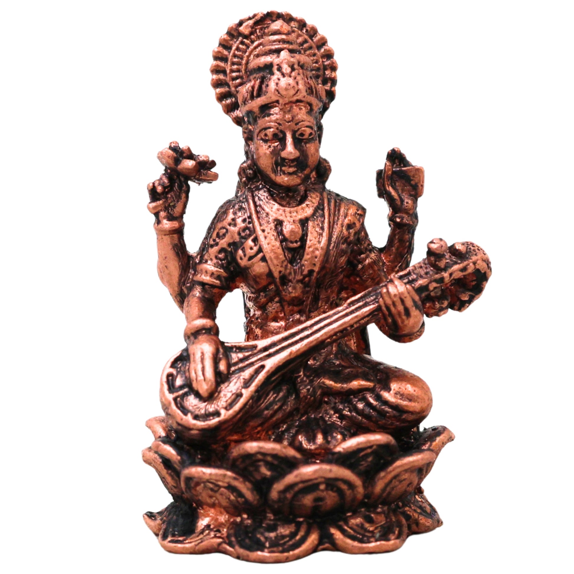 Copper Saraswati Murti Sharada Vagdevi Veenavadini Vidya Devi Idol for Pooja Mandir Home Decor, Brown, 2 Inch, 1 Piece