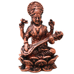 Copper Saraswati Murti Sharada Vagdevi Veenavadini Vidya Devi Idol for Pooja Mandir Home Decor, Brown, 2 Inch, 1 Piece