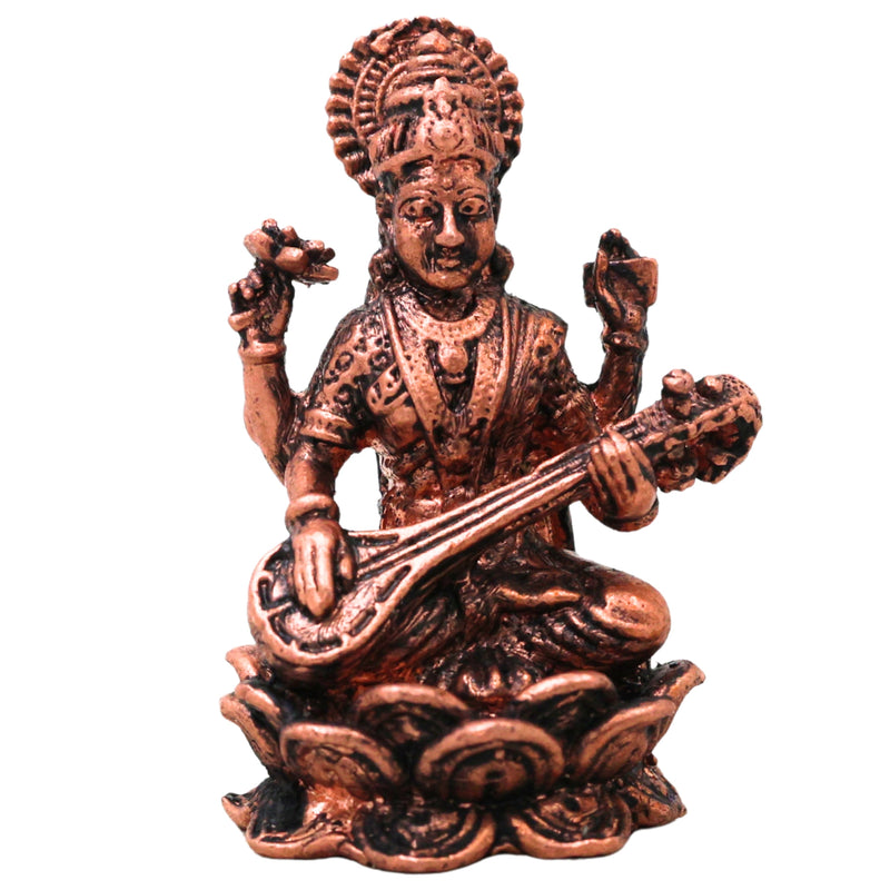 Copper Saraswati Murti Sharada Vagdevi Veenavadini Vidya Devi Idol for Pooja Mandir Home Decor, Brown, 2 Inch, 1 Piece